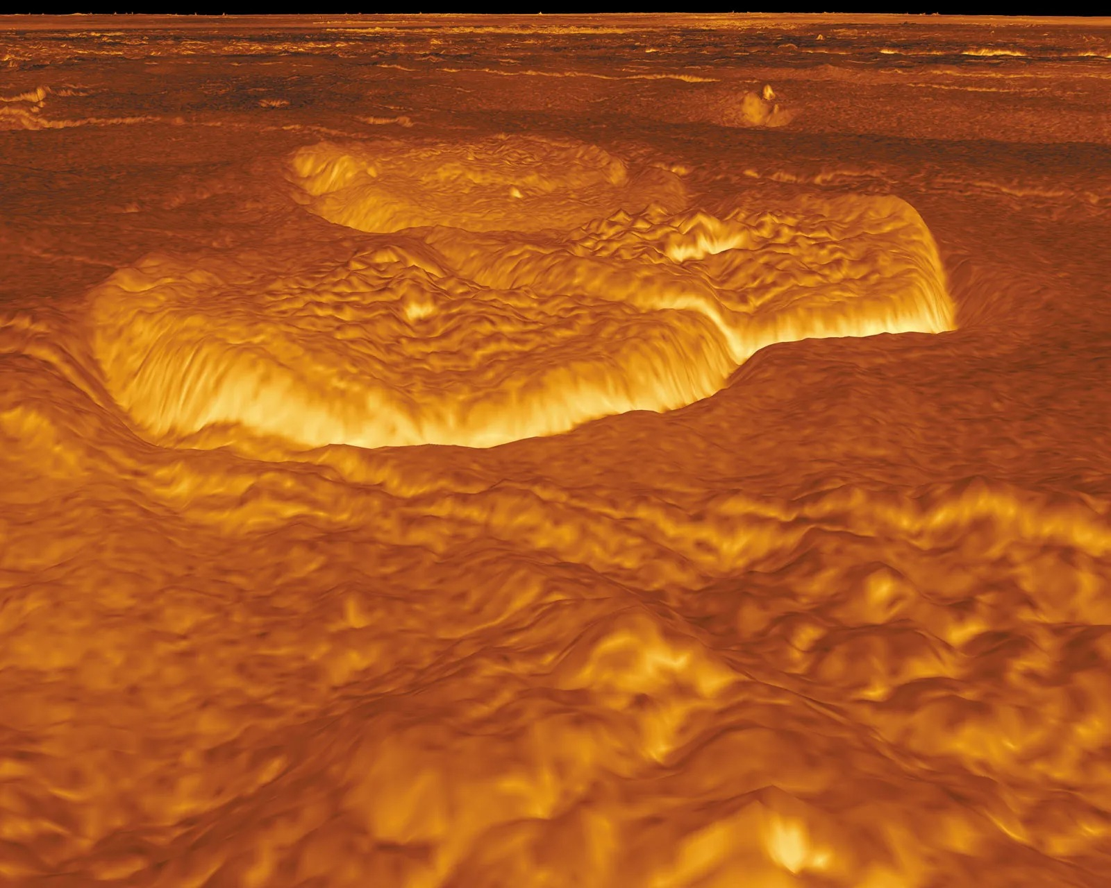 Vista 3D de domos volcánicos en Venus (Alpha Regio) creados por lava viscosa. Foto NASA/JPL/Caltech