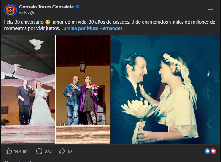 Publicación de Gonzalo Torres felicitando por los 30 años de casados a su esposa. Foto: Facebook.