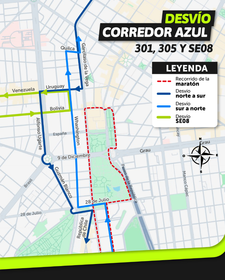 ATU anuncia desvíos en Corredor Azul y Morado por competencia deportiva