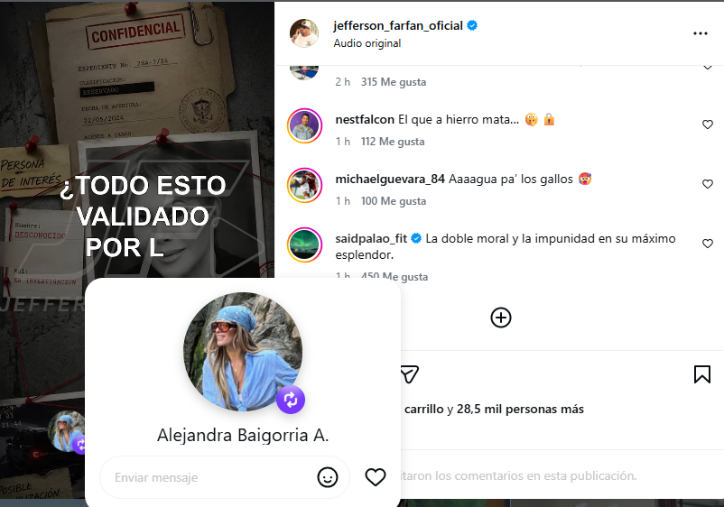 Said Palao y Alejandra Baigorria reaccionan al video publicado por Jefferson Farfán. Captura: Instagram