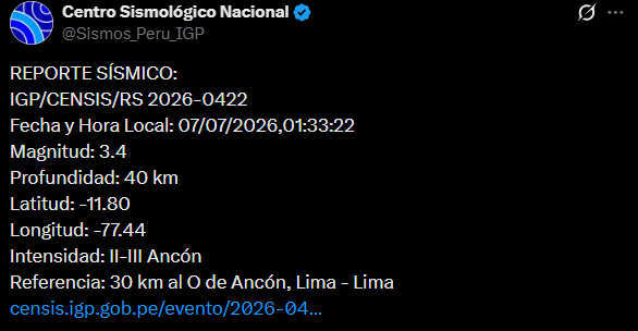 Temblor en Lima. Foto: IGP