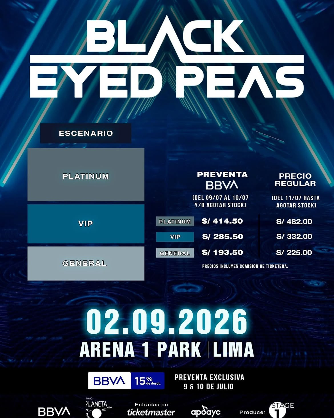 Zonas y precios de las entradas para ver a Black Eyed Peas en Lima 2026. Foto: Stage One Entertainment Zonas y precios de las entradas para ver a Black Eyed Peas en Lima 2026