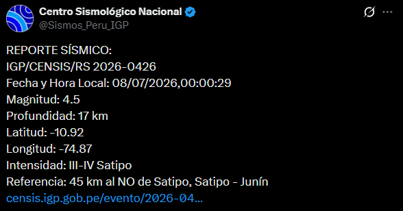 Temblor en Junín. Foto: IGP
