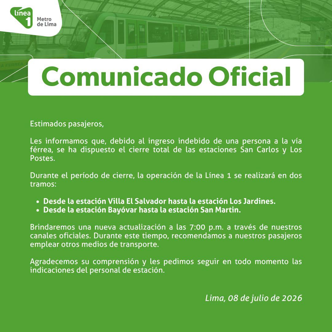 Comunicado oficial de la Línea 1 del Metro de Lima