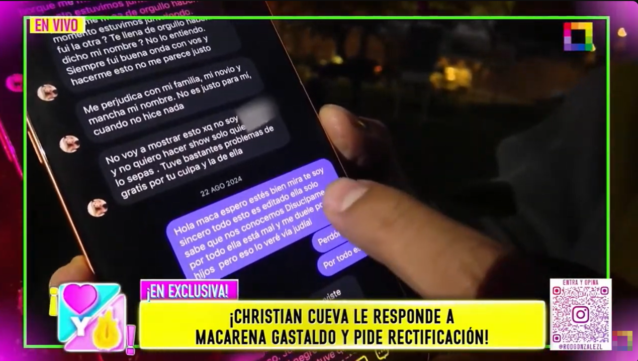 Christian Cueva mostró sus chats con Macarena Gastaldo. Foto: YouTube.
