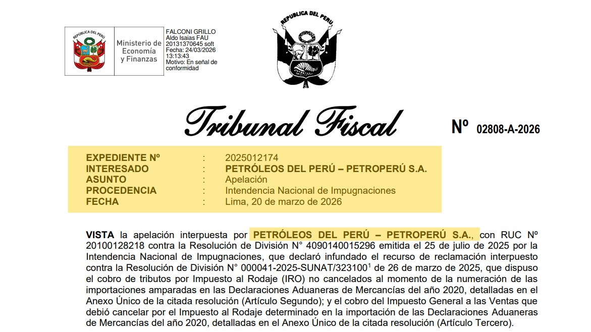 El Tribunal Fiscal ordenó a Petroperú pagar deudas coactivas relacionados con el Impuesto al Rodaje (IRO), por la importación de productos para la elaboración de gasolinas. Foto: Tribunal Fiscal