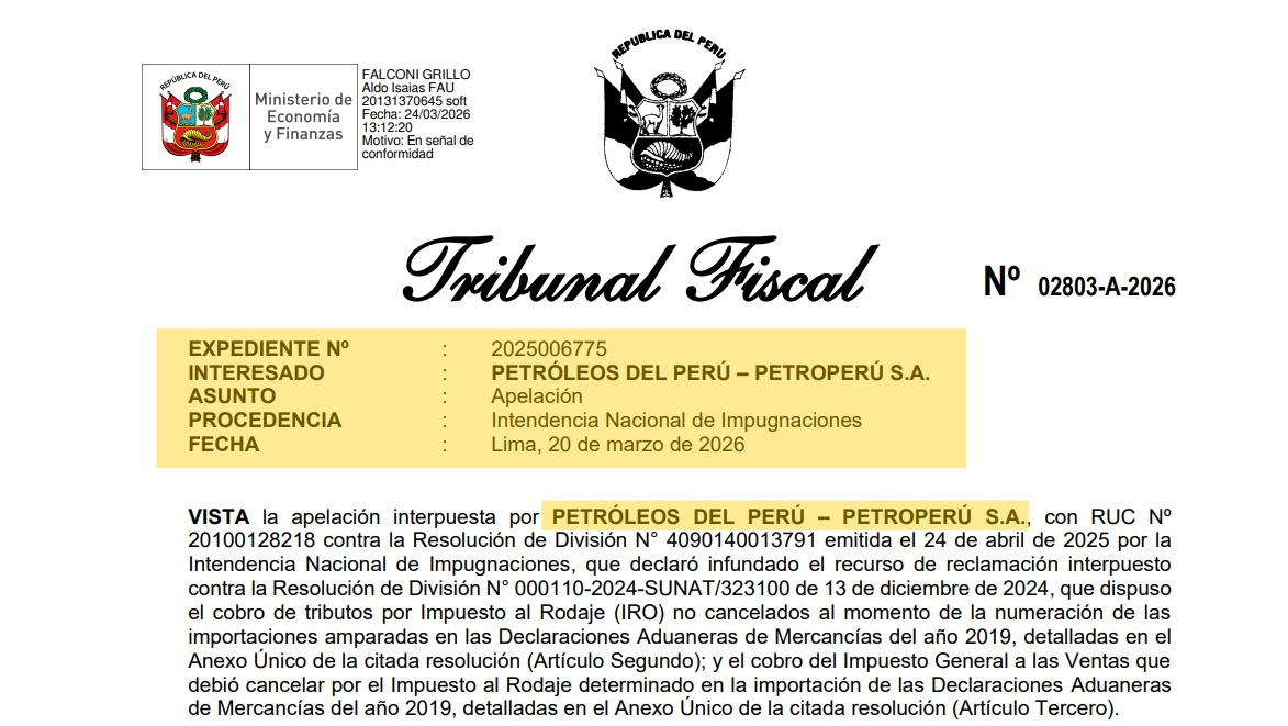 El Tribunal Fiscal ordenó a Petroperú pagar deudas coactivas relacionados con el Impuesto al Rodaje (IRO), por la importación de productos para la elaboración de gasolinas. Foto: Tribunal Fiscal