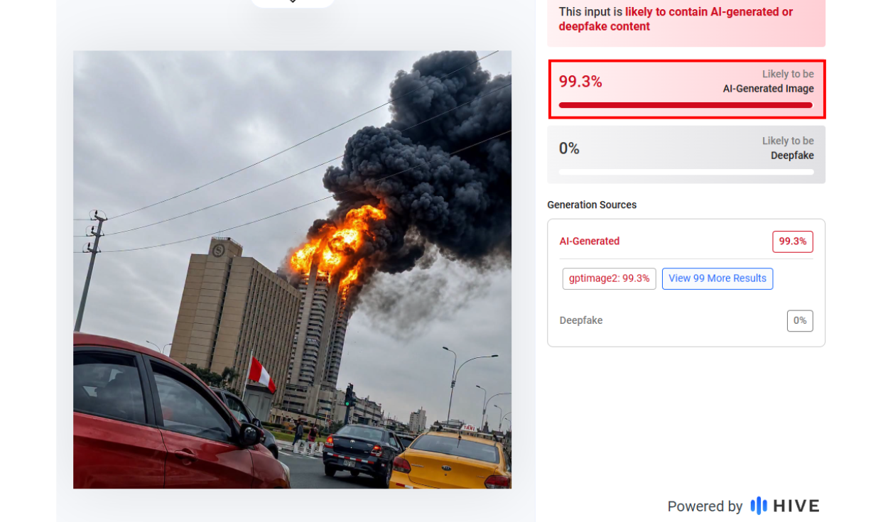 Análisis de la imagen viralizada con Hive Moderation. Foto: Hive Moderation