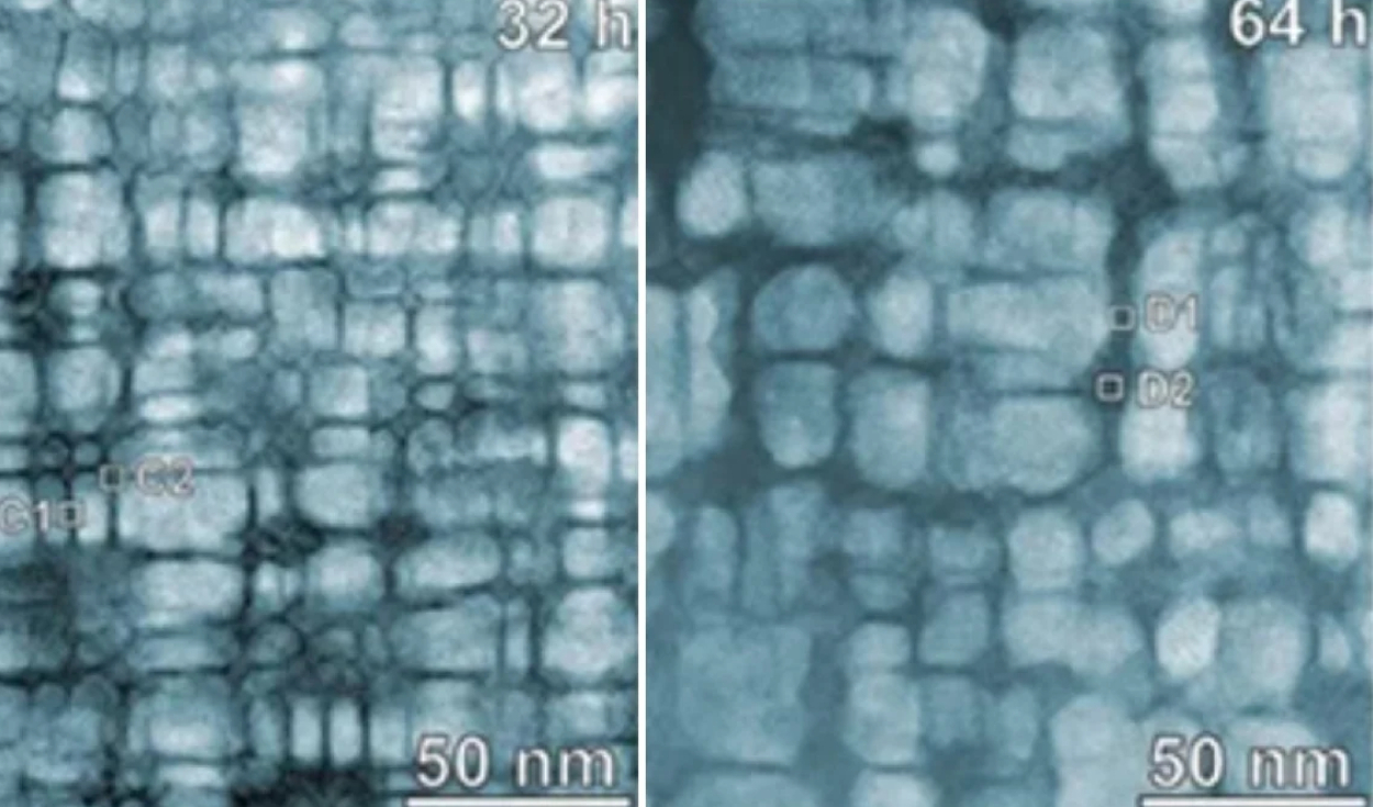 Evolución microestructural de la aleación, calentada durante 32 horas (izquierda) frente a 64 horas (derecha). Foto: Science
