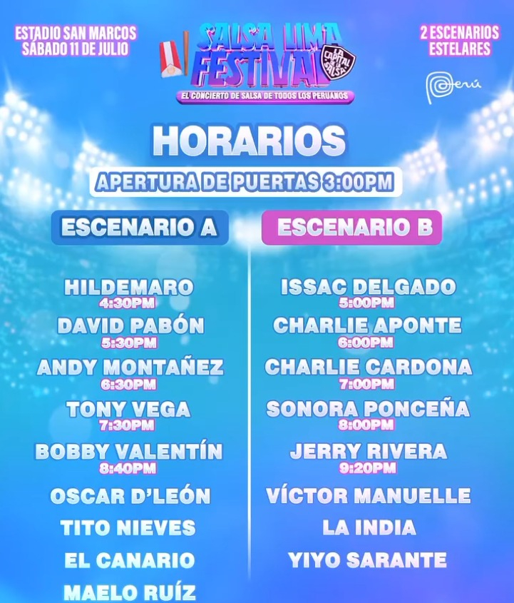 Con 17 íconos de la salsa, el festival contará con dos escenarios y un horario de presentaciones que inicia desde las 3:00 p.m. hasta la medianoche, asegurando casi 10 horas de espectáculo.