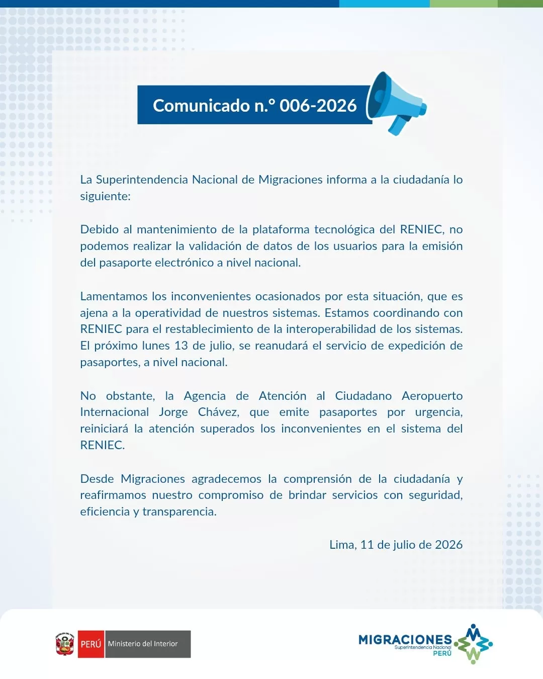 Comunicado de la Superintendencia de Migraciones. Foto: Migraciones