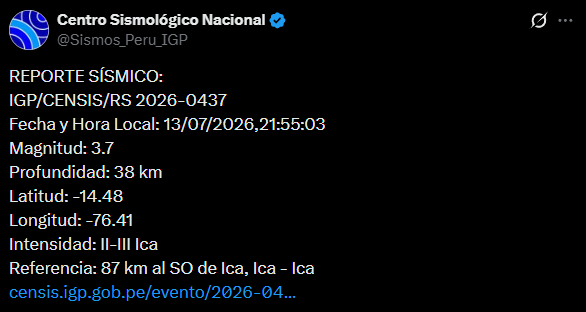 Temblor en Ica. Foto: IGP