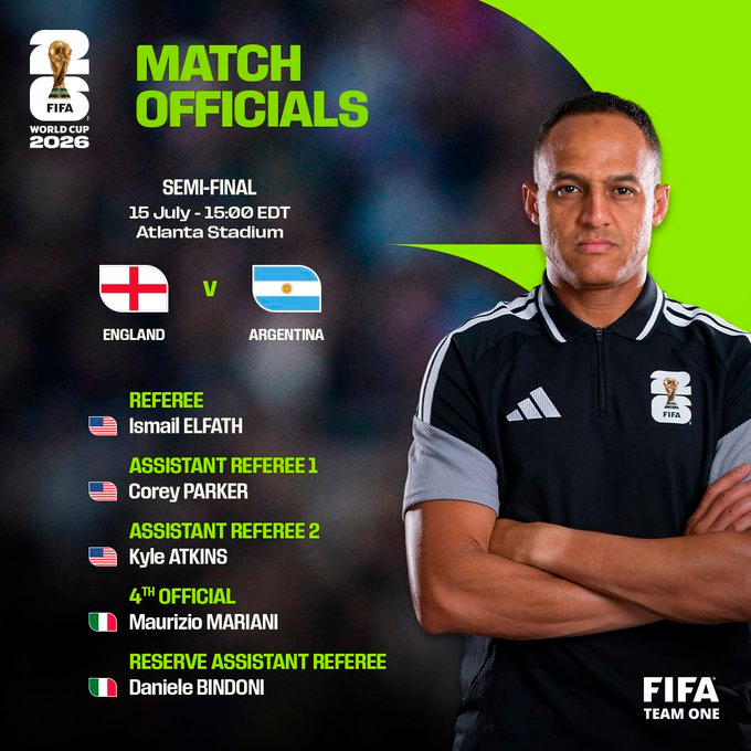 Árbitros del Argentina vs Inglaterra por la semifinal del Mundial 2026. Foto: FIFA