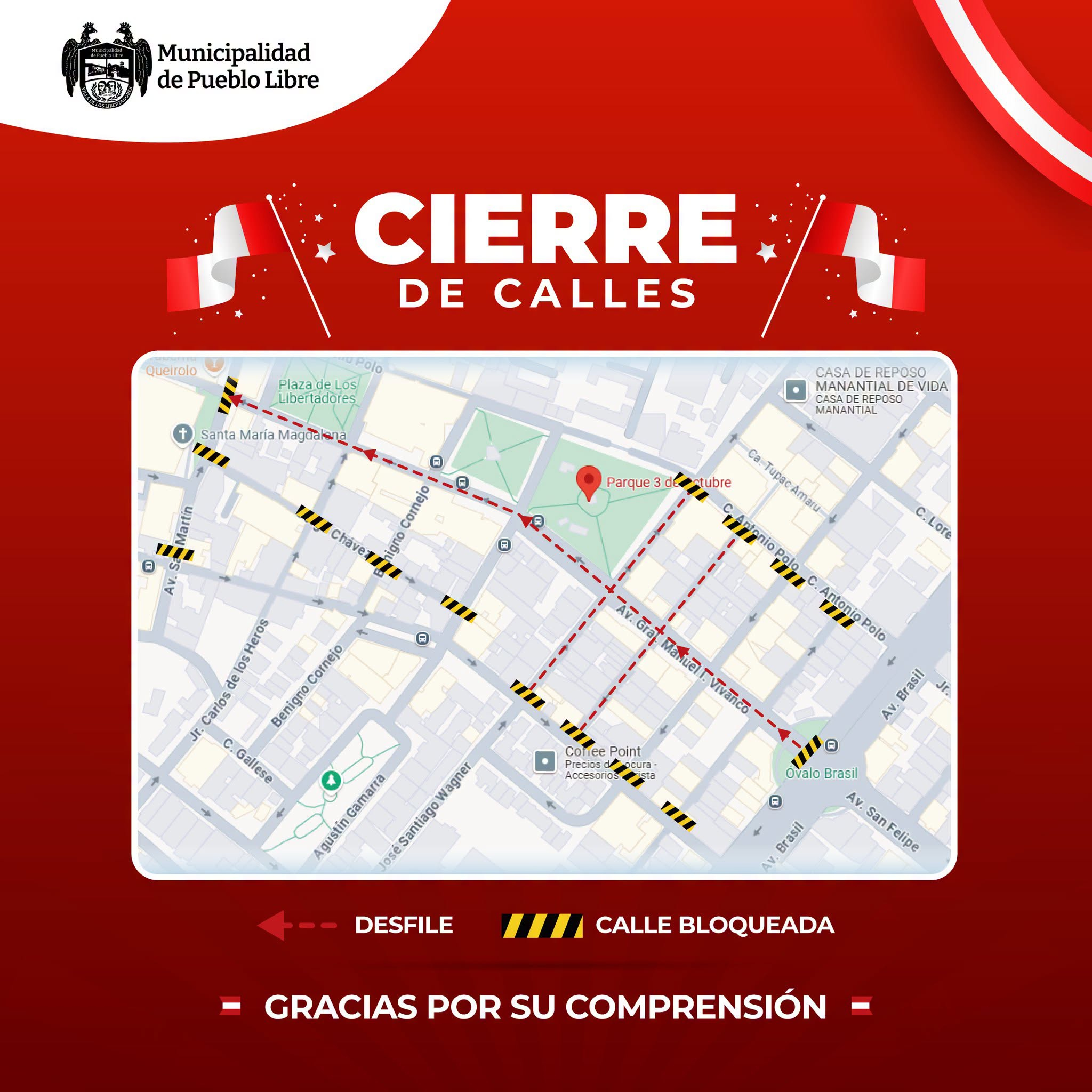 El mapa del cierre de calles que ejecutará Pueblo Libre por desfile cívico