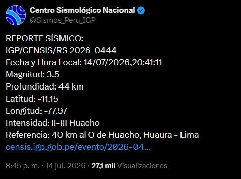 Sismo se registró la noche de este 14 de julio en Lima, según IGP