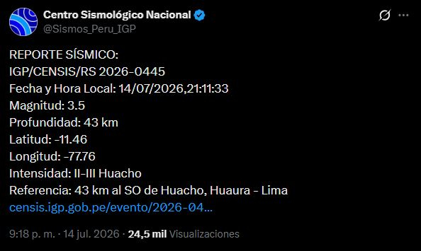 Sismo se registró la noche de este 14 de julio en Lima, según IGP