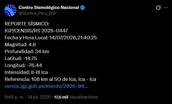 Sismo en Ica se registró esta noche, según IGP