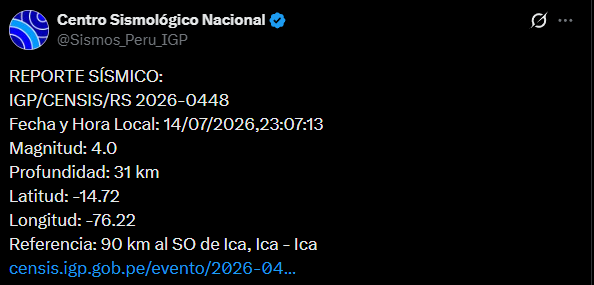 Sismo en Ica. Foto: IGP