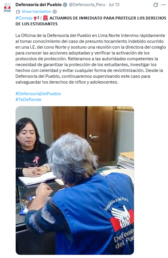 Defensoría del Pueblo, Comas, caso de denuncia a profesor por abuso sexual