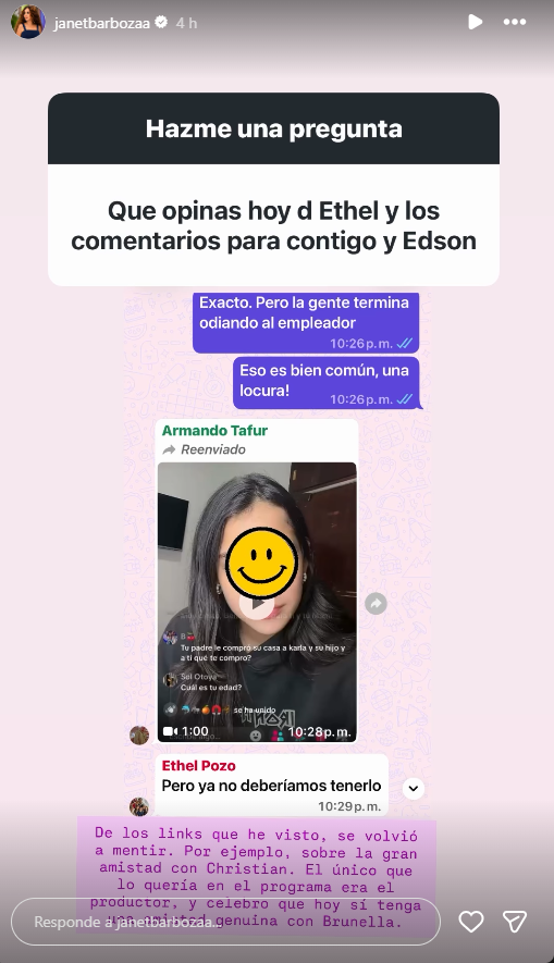 Janet Barboza compartió chat que mantuvo con Ethel Pozo. Foto: Instagram.