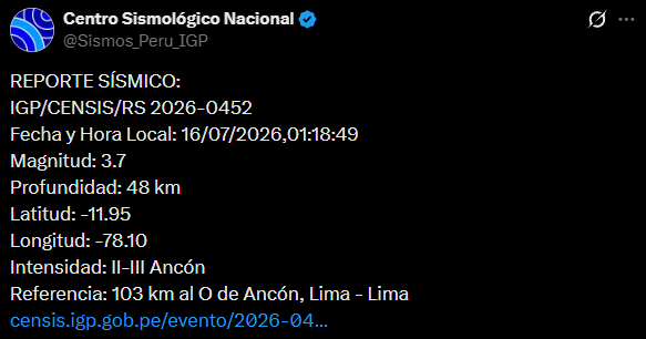 Temblor en Lima. Foto: IGP