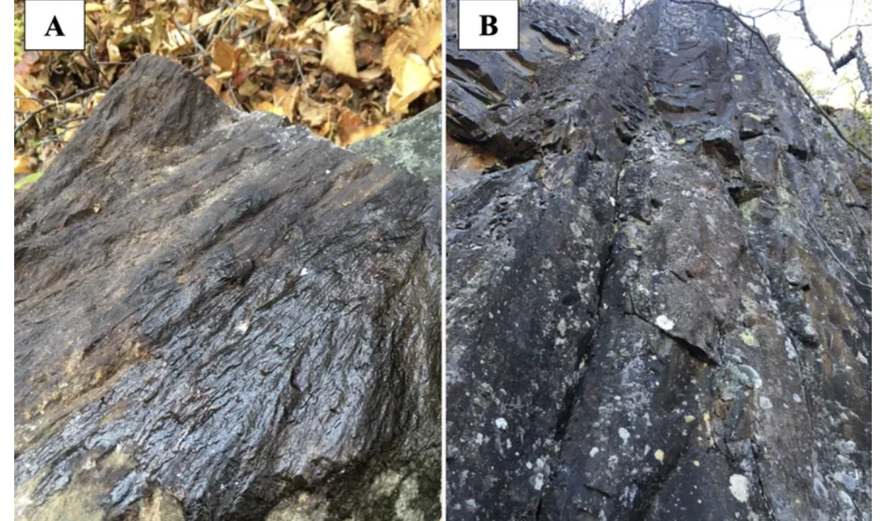 A) Cono de fractura en el centro de la estructura. B) Roca fundida a 4 km (2,5 millas) al oeste del centro de la estructura. Foto: Gattacceca, J. et al.