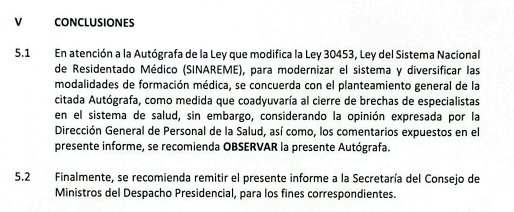 Ministerio de Salud recomienda observar autógrafa de ley que modifica Sistema Nacional de Residentado Médico