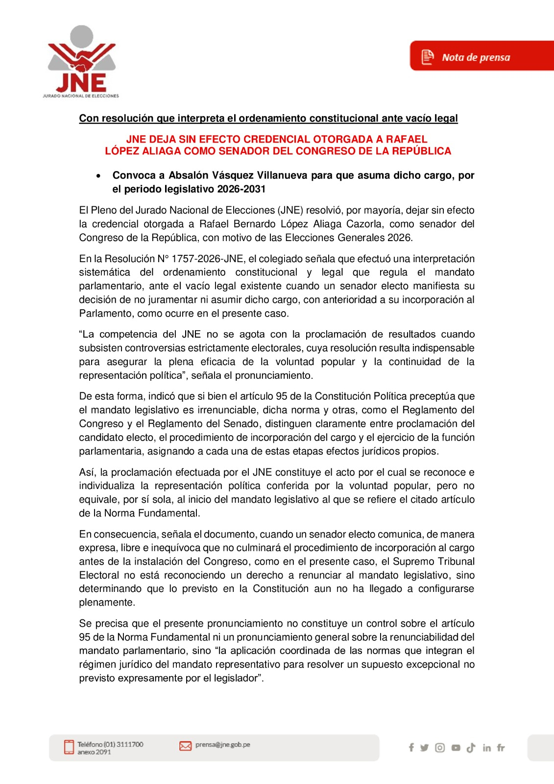 JNE deja sin efecto credencial de senador de Rafael López Aliaga y convoca a Absalón Vásquez en su lugar. (1/2) JNE deja sin efecto credencial de senador de Rafael López Aliaga y convoca a Absalón Vásquez en su lugar