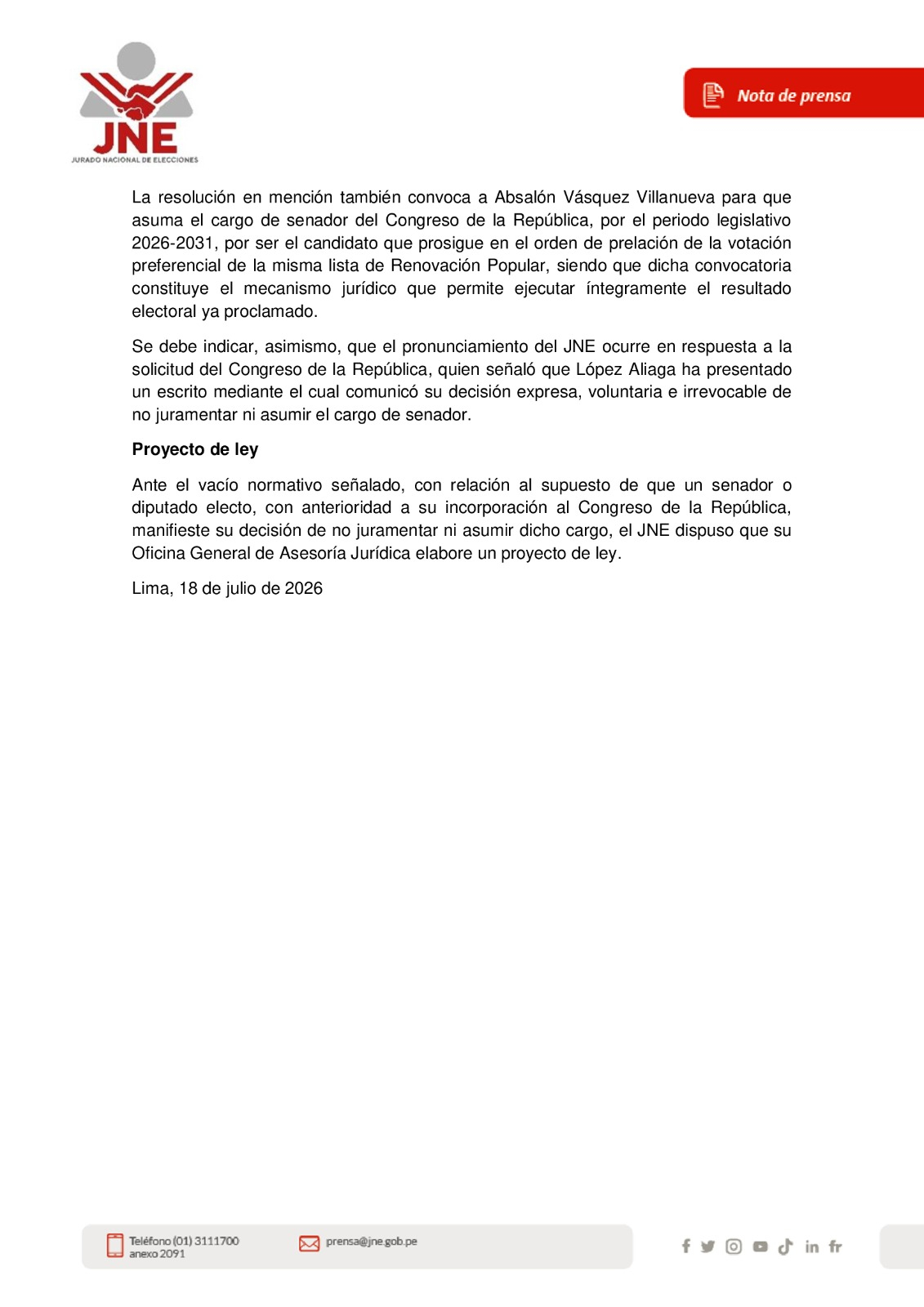 JNE deja sin efecto credencial de senador de Rafael López Aliaga y convoca a Absalón Vásquez en su lugar. (2/2) JNE deja sin efecto credencial de senador de Rafael López Aliaga y convoca a Absalón Vásquez en su lugar