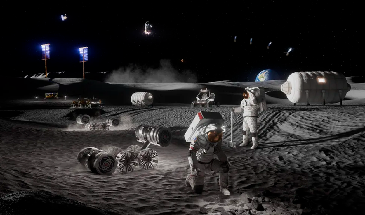 Representación artística de actividades humanas en una futura base lunar. Foto: NASA Representación artística de actividades humanas en una futura base lunar. Foto: NASA