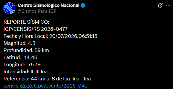 Temblor en Ica. Foto: IGP