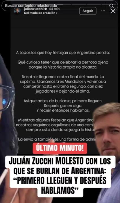 Julián Zucchi expresó su molestia en redes sociales. Julián Zucchi expresó su molestia en redes sociales.