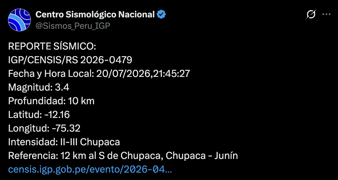 Sismo en Junín. Foto: IGP