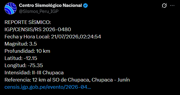 Temblor en Junín. Foto: IGP