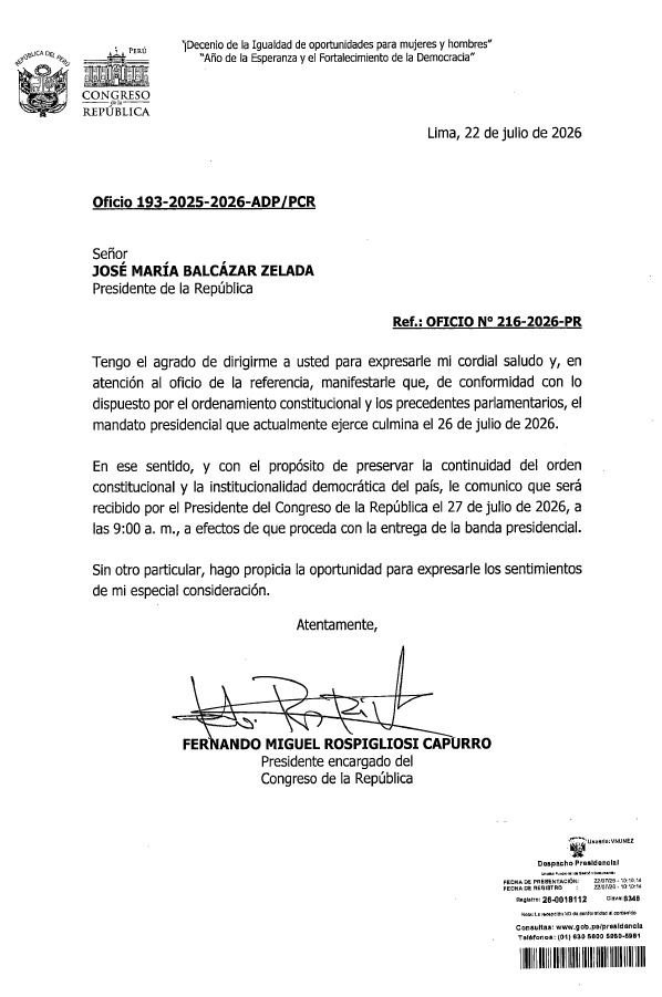 Balcázar estará hasta el 26 de julio en Palacio de Gobierno