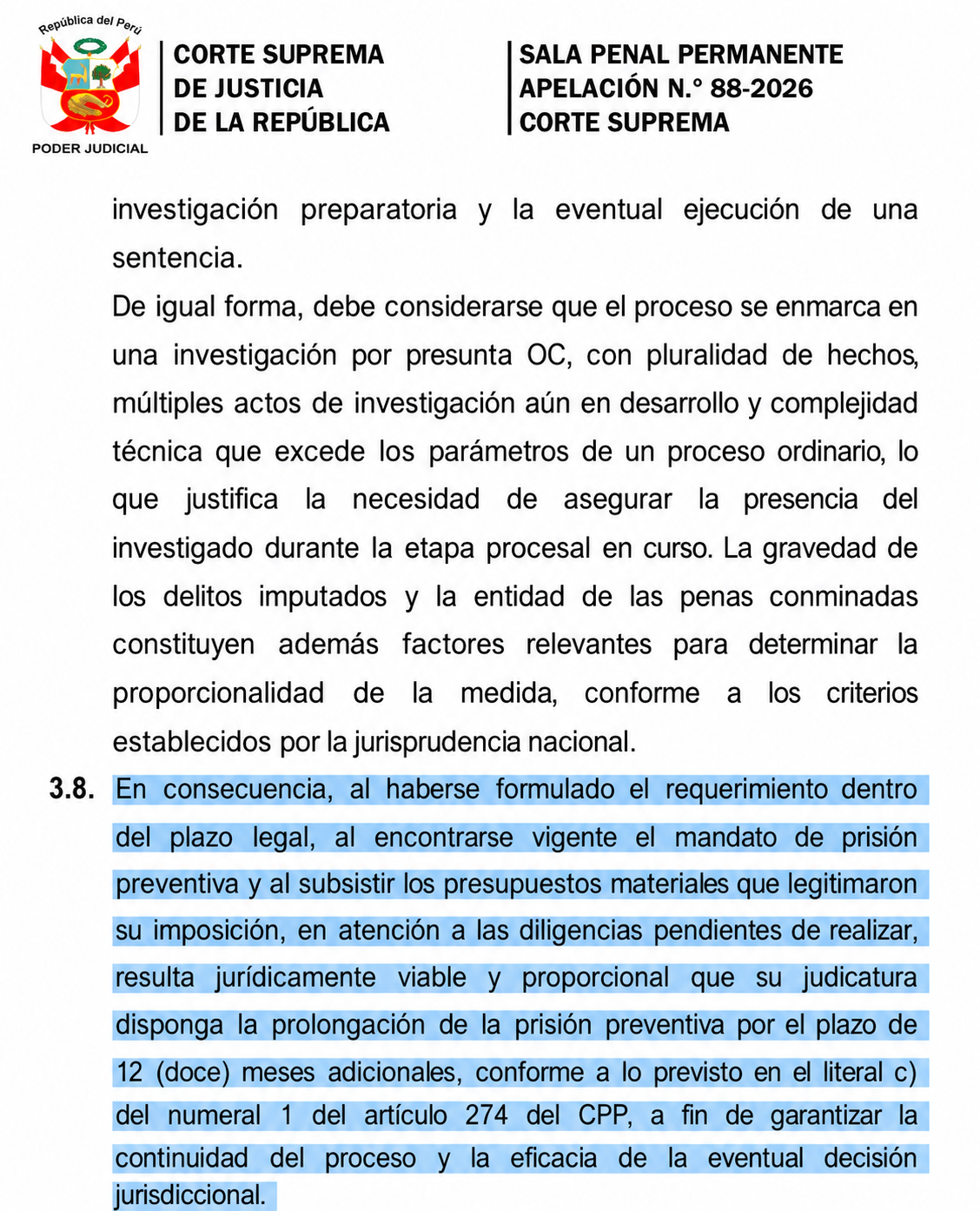 Decisión del Poder Judicial que confirma la prisión preventiva contra Castillo.