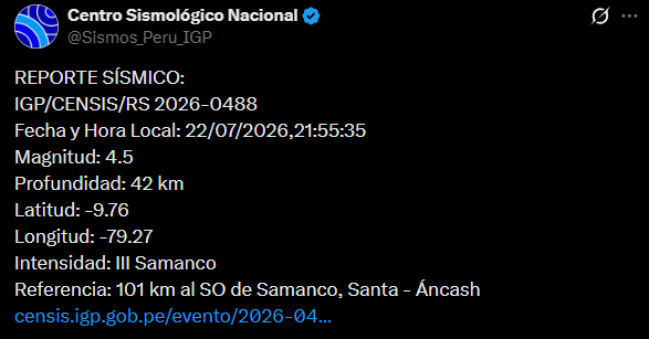 Temblor en Áncash. Foto: IGP