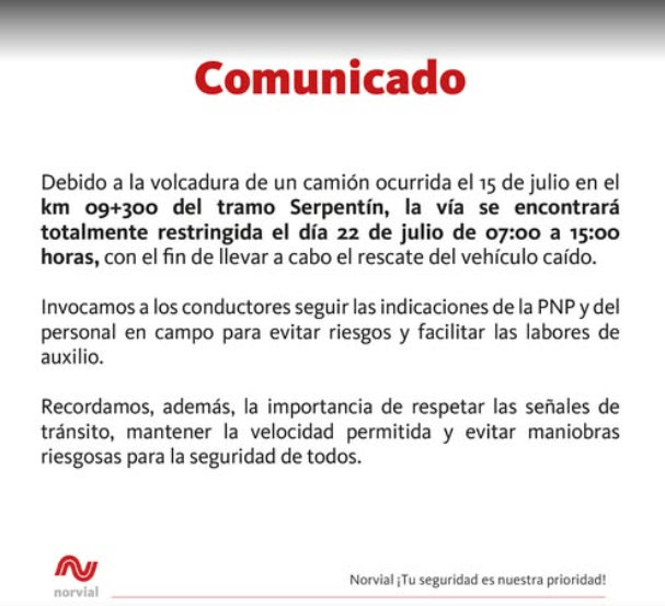 Cierran el Serpentín de Pasamayo