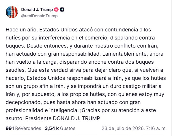 Escala el conflicto al mar Rojo: Trump amenaza a los hutíes con un