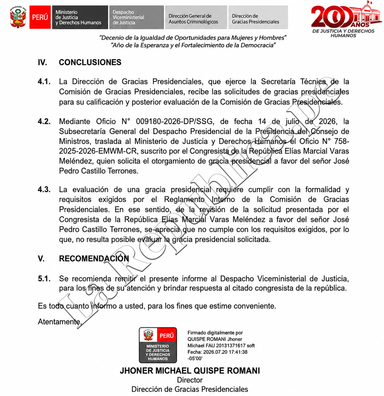 Conclusiones de la Comisión de Gracias Presidenciales del Minjus