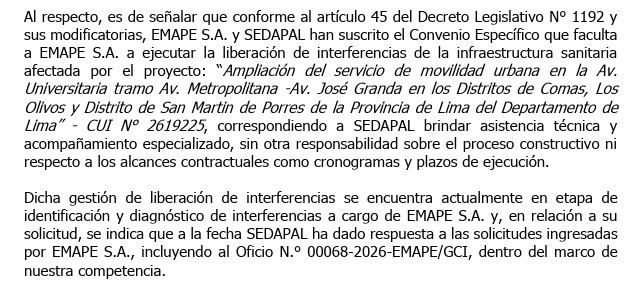 Sedapal explica que su función se limita a brindar asistencia técnica y acompañamiento especializado, por lo que no tiene responsabilidad sobre la ejecución de la obra.