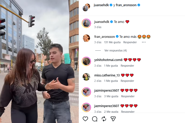Publicación de Juanse Laverde. Foto: Instagram Francisca Aronsson