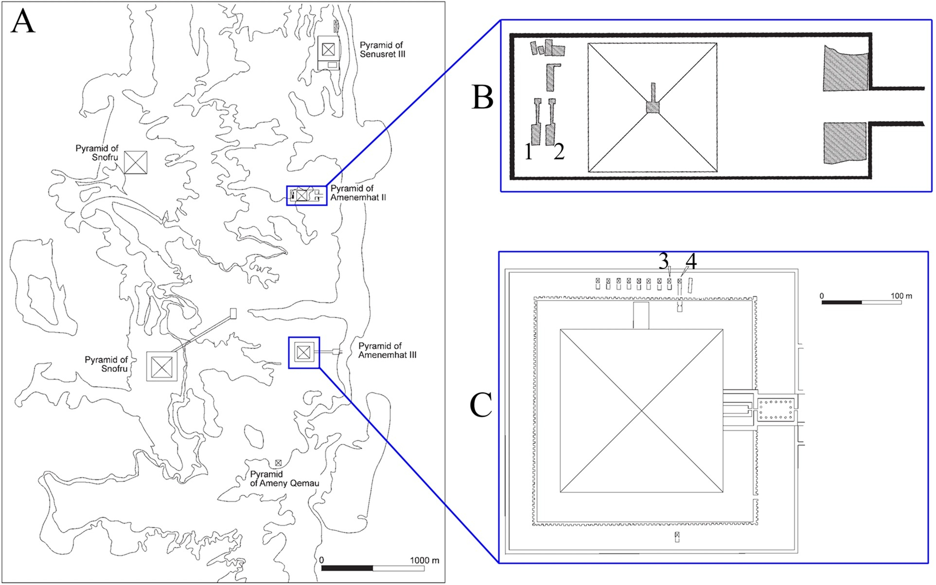 Mapa de Dahshur y complejos de Amenemhat II y III, con tumbas de Khnumit, Hor y otros. De De Morgan y Grajetzki. Foto: Frontiers in Environmental Archaeology
