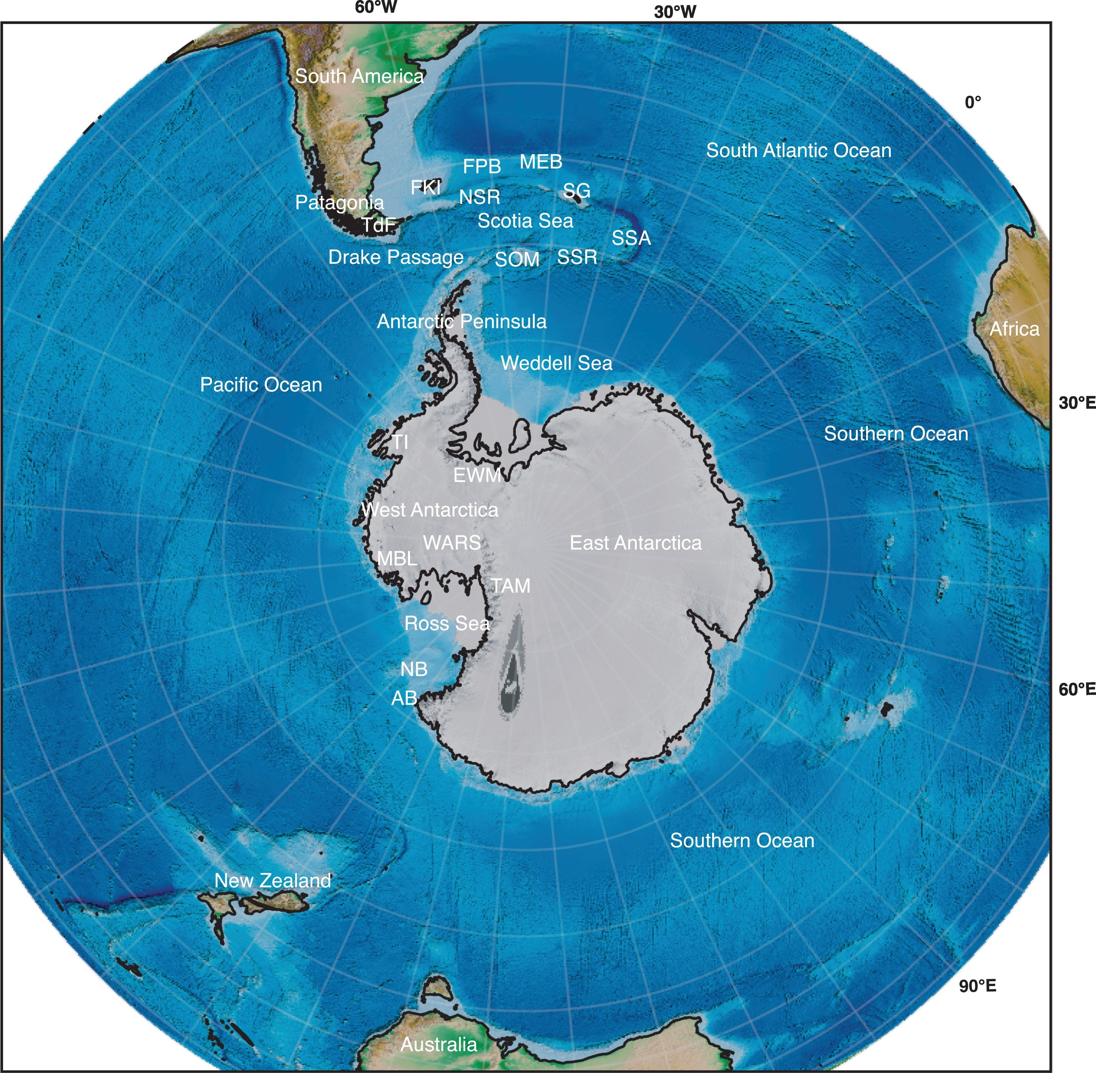 Mapa circumantártico con abreviaturas de cuencas, montañas, islas, dorsales y rifts principales de la región. Foto: ScienceDirect