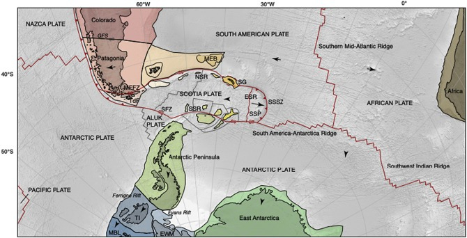 Mapa tectónico del Mar de Scotia: fallas, placas y bloques con movimientos actuales, límites activos y abreviaturas. Foto: ScienceDirect