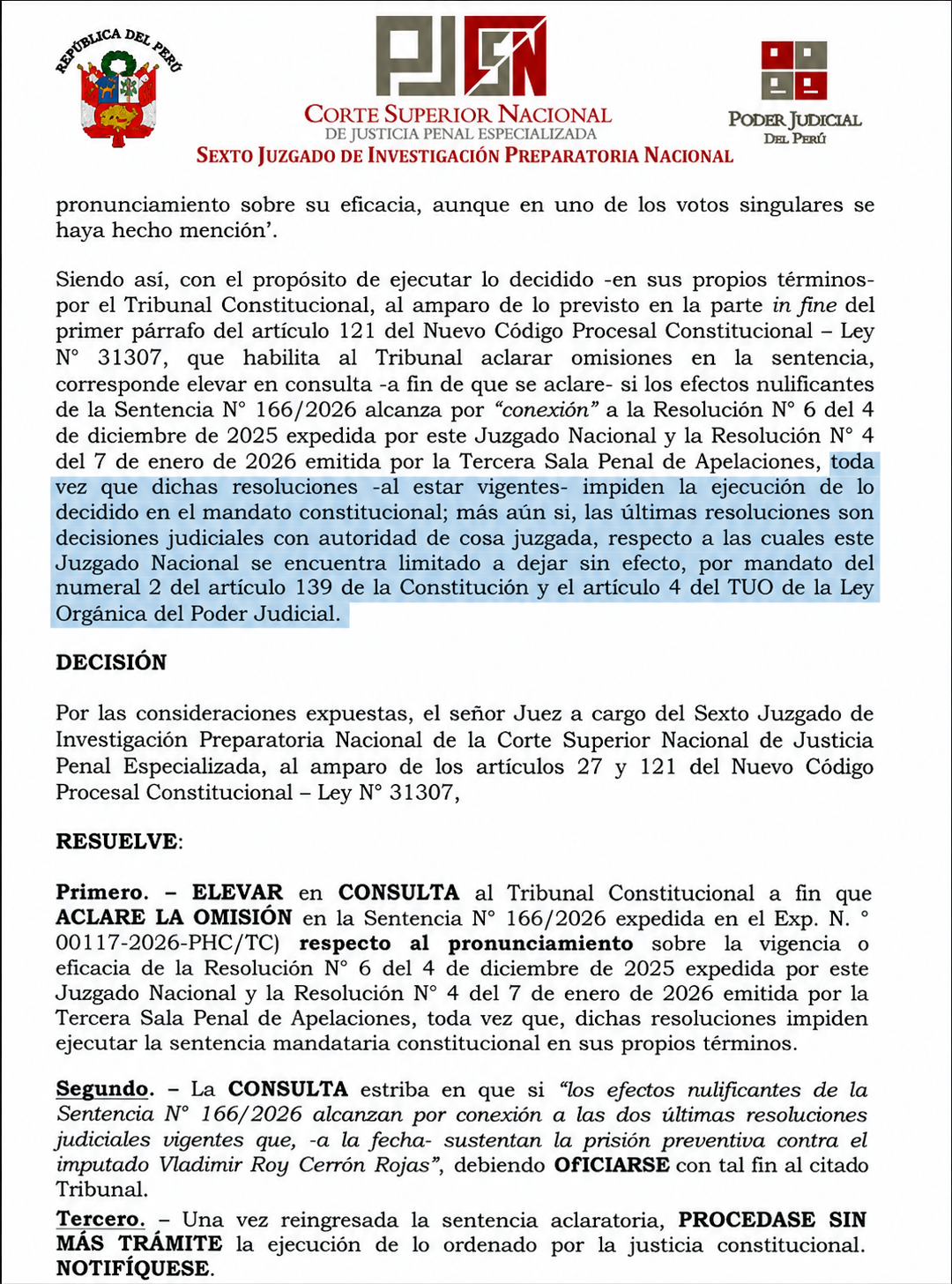 Decisión del Poder Judicial sobre el caso Vladimir Cerrón