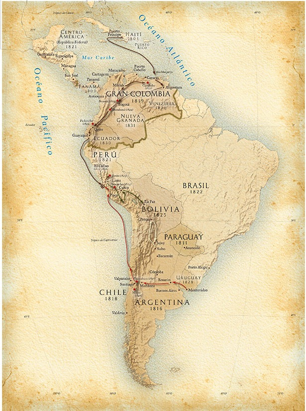 En este mapa de América latina se muestran los movimientos de Simón Bolívar por el continente (flechas granate) y los años en que cada uno de los países consiguió su independencia. Foto: National Geographic