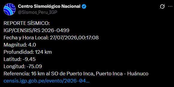 Temblor en Huánuco. Foto: IGP