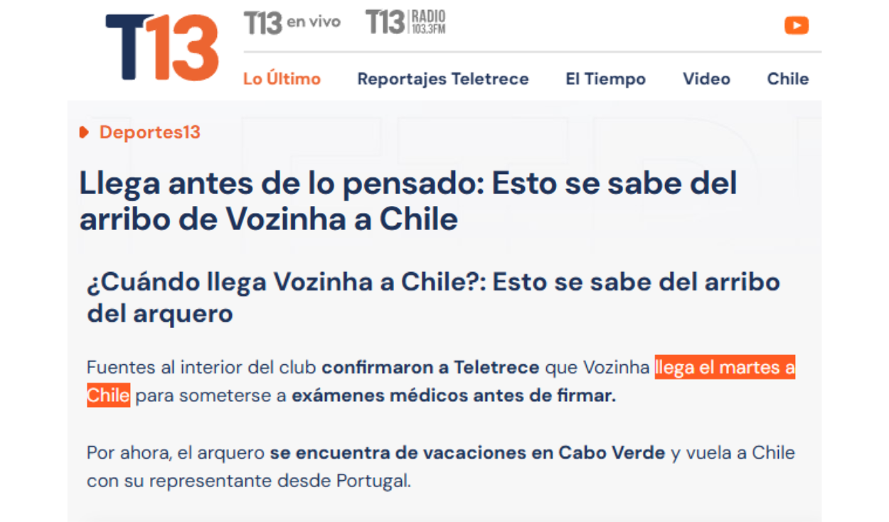 Nota de Teletrece sobre la llegada de Vozinha. Foto: Teletrece