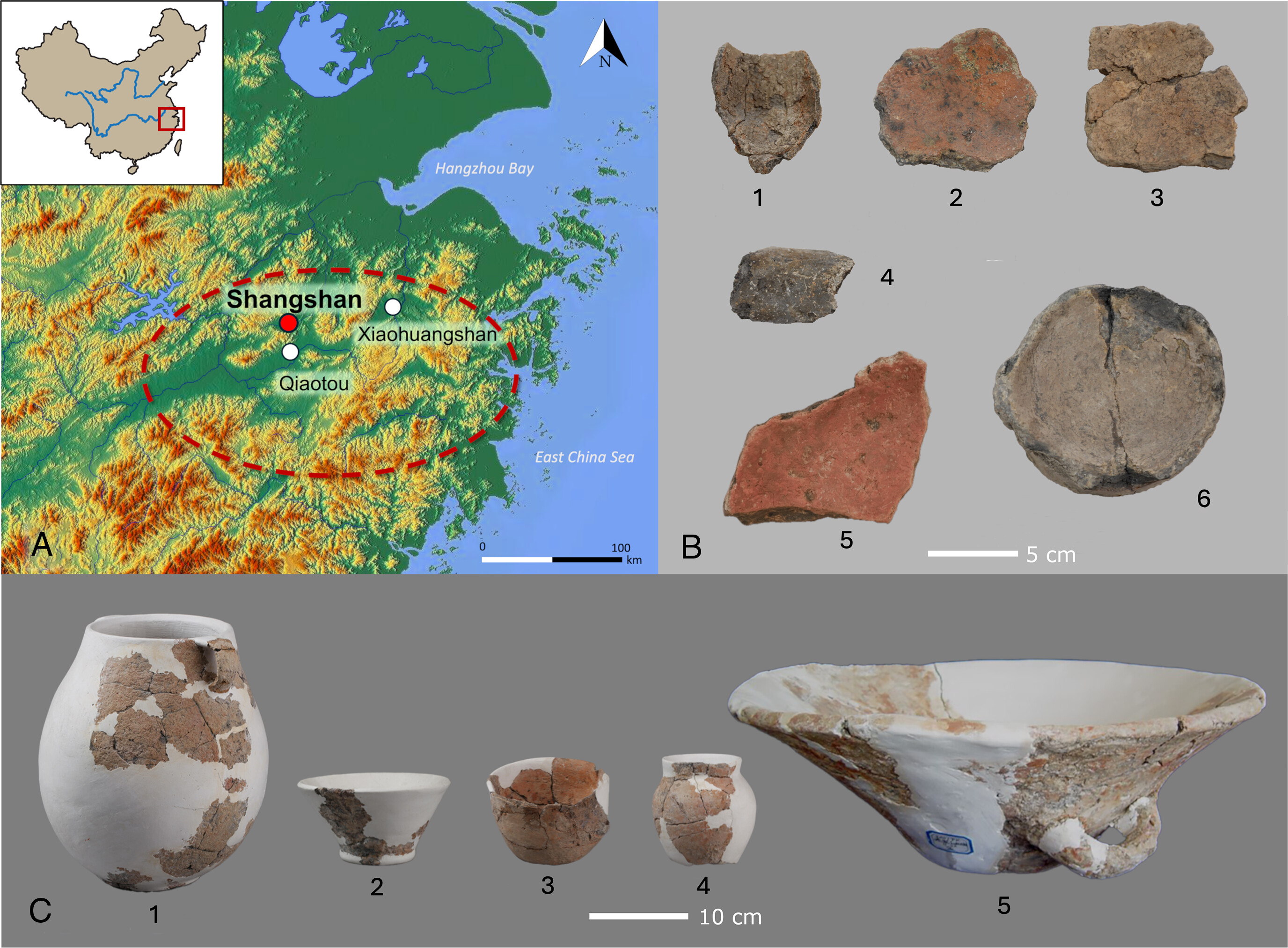 Mapa de yacimientos Shangshan y análisis arqueológico de sus fragmentos de cerámica junto a las vasijas completas. Foto: PNAS